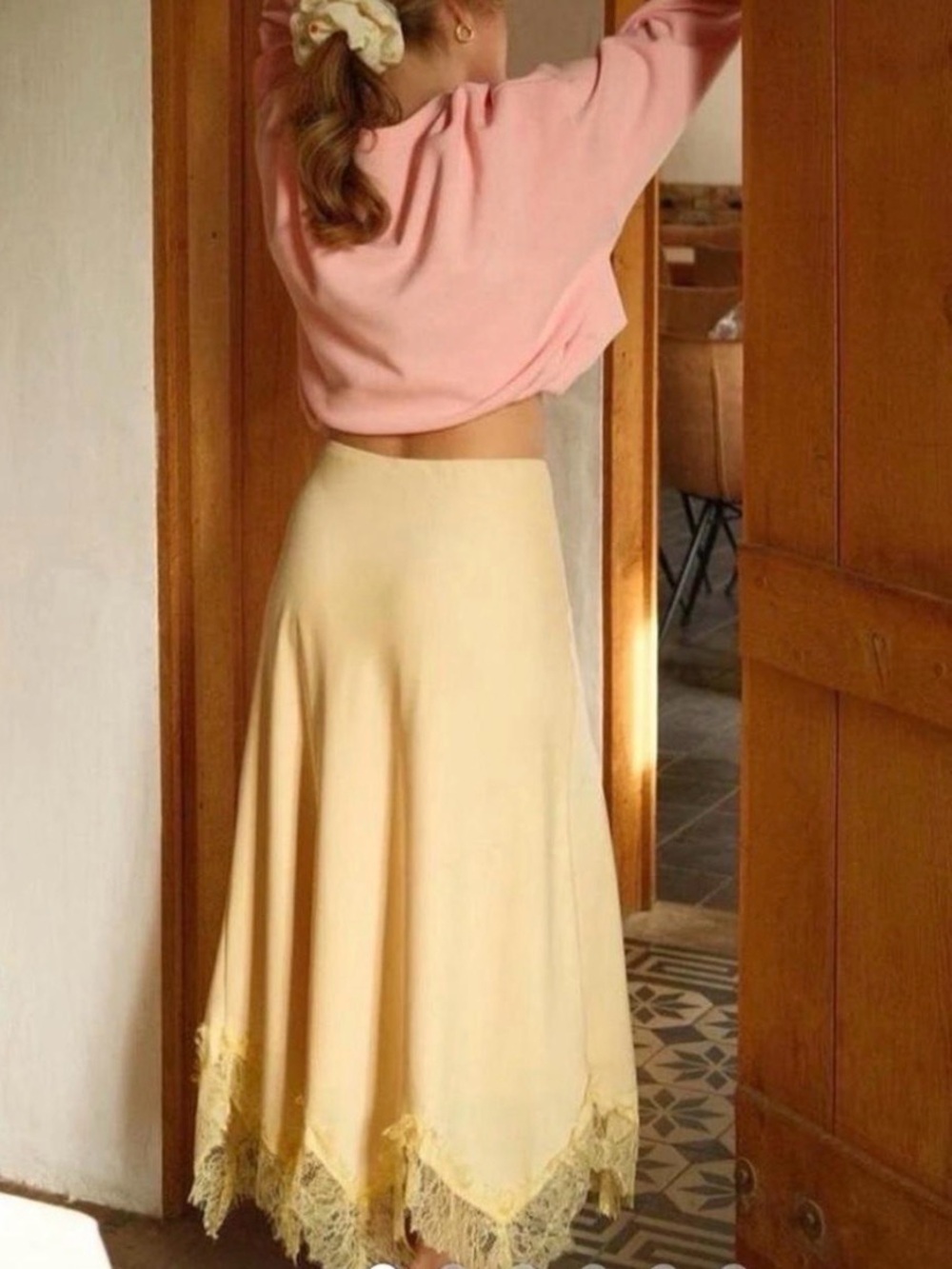 Anthropologie Pale Yellow Maxi Skirt with Lace Hem
